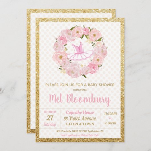 ピンクの花のバレリーナのベビーシャワーの招待状の女の子 招待状 (正面/裏面)