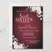 ピンクの花のバーガンディ スイート16 招待状 (正面)