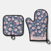 ピンクの花のパタエレガントーン 鍋つかみ&鍋敷きセット (正面)