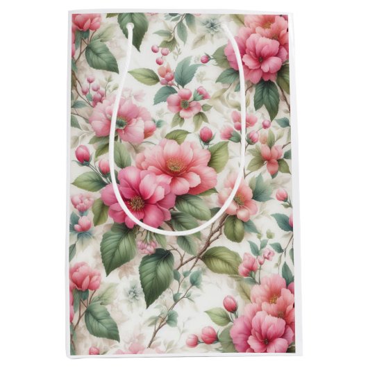 ピンクの花のパターン中抱き枕 ミディアムペーパーバッグ (正面)