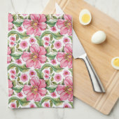 ピンクの花のパターン キッチンタオル (四つ折り)