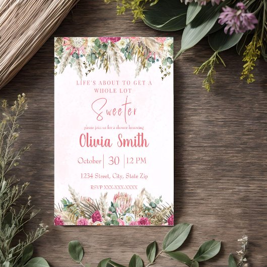 ピンクの花のパンパスグラス ボーホー 招待状