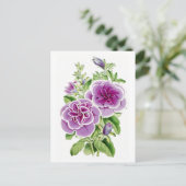 ピンクの花のビンテージボタニカル ポストカード (スタンド正面)