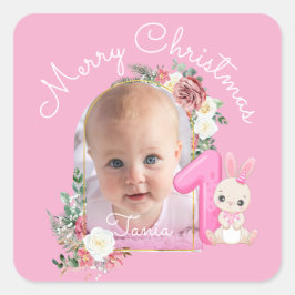 ピンクの花のファーストクリスマス 赤ちゃん女の子 写真 スクエアシール