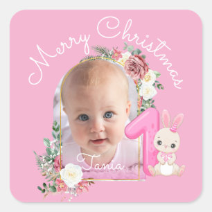 ピンクの花のファーストクリスマス 赤ちゃん女の子 写真 スクエアシール