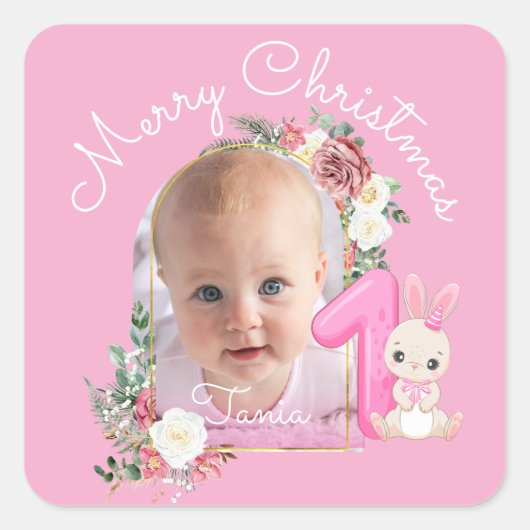 ピンクの花のファーストクリスマス 赤ちゃん女の子 写真 スクエアシール (正面)