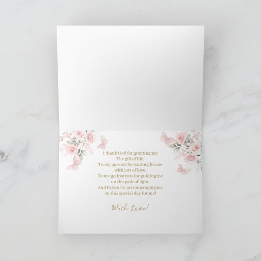 ピンクの花のファーストコミュニオン感謝 サンキューカード (内部)