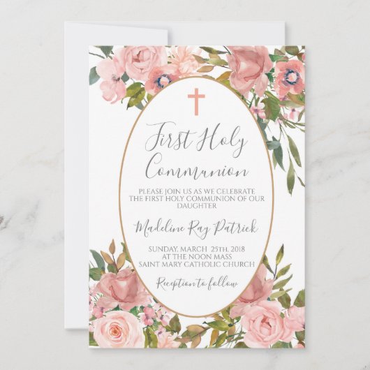 ピンクの花のファーストコミュニオン 招待状 (正面)