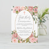 ピンクの花のファーストコミュニオン 招待状 (スタンド正面)