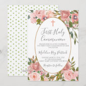 ピンクの花のファーストコミュニオン 招待状 (正面/裏面)