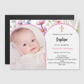 ピンクの花のフォトアーチの少女の洗礼式 マグネット招待状 (正面/裏面)