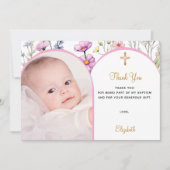 ピンクの花のフォトアーチ少女十字架 洗礼 サンキューカード (正面)