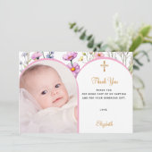 ピンクの花のフォトアーチ少女十字架 洗礼 サンキューカード (スタンド正面)
