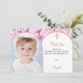 ピンクの花のフォトアーチ少女十字架 洗礼 サンキューカード (スタンド正面)