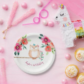 ピンクの花のフクロウの誕生日 ペーパープレート (パーティー)