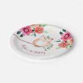 ピンクの花のフクロウの誕生日 ペーパープレート (アングル)