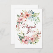 ピンクの花のフラットな感謝カード サンキューカード (正面/裏面)