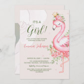 ピンクの花のフラミンゴベビーシャワー 招待状 (正面/裏面)