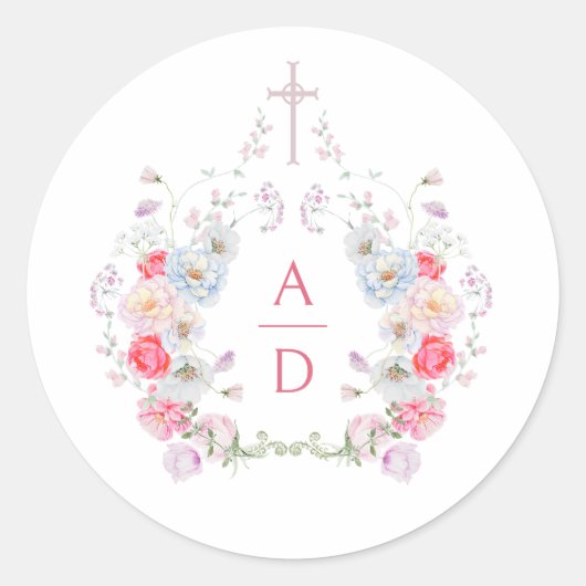 ピンクの花のフレームの宗教的な結婚式のモノグラム ラウンドシール (正面)