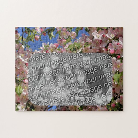 ピンクの花のフレーム自分の写真を作成 ジグソーパズル (横)
