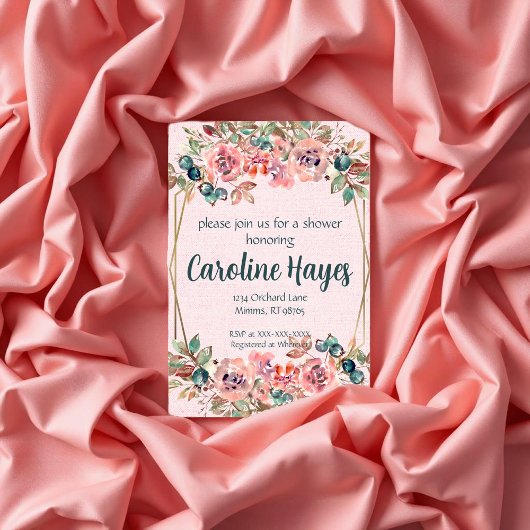 ピンクの花のブライズシャワー 招待状