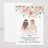 ピンクの花のブライズメイド提案カード セーブザデート (正面/裏面)