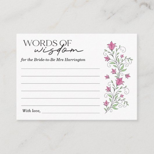 ピンクの花のブライダルシャワーのための賢明な言葉のカード エンクロージャーカード (正面)