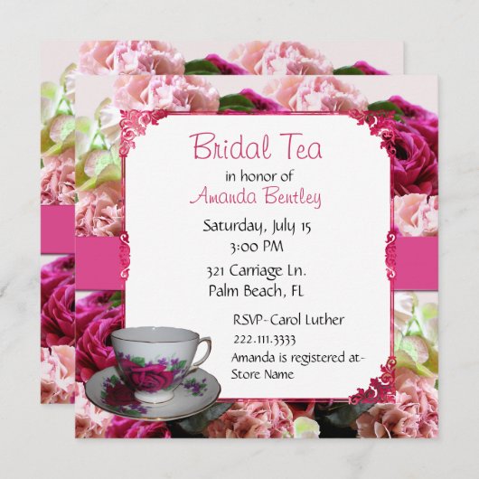 ピンクの花のブライダルシャワーの茶パーティの招待状 招待状 (正面/裏面)
