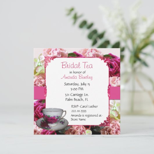 ピンクの花のブライダルシャワーの茶パーティの招待状 招待状 (スタンド正面)