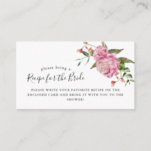 ピンクの花のブライダルシャワーレシピ依頼カード エンクロージャーカード (正面)