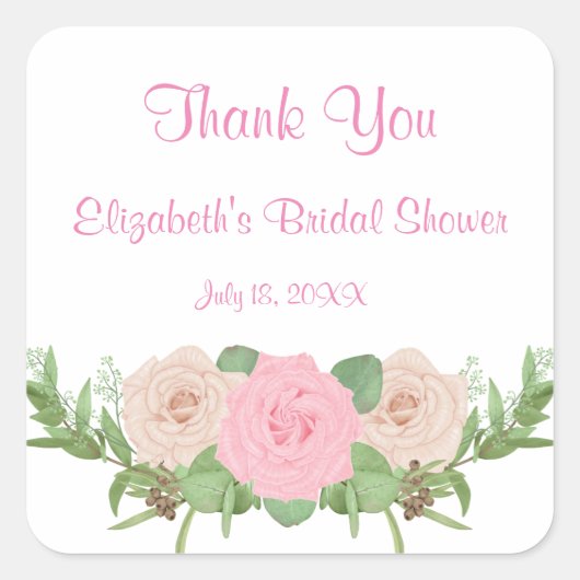 ピンクの花のブライダルシャワー スクエア ステッカー (正面)
