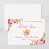 ピンクの花のブライダルシャワー ティーパーティー ありがとう 招待状 (正面/裏面)