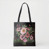 ピンクの花のブラック トートバッグ (正面)