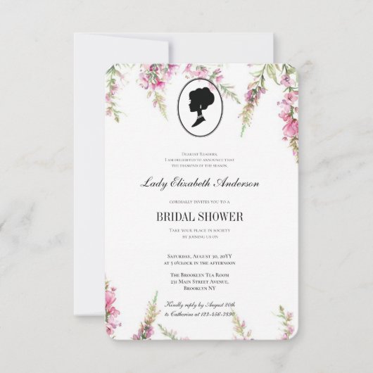 ピンクの花のブリジャートン テーマ, ブライダル ティー リージェンシー 招待状 (正面)