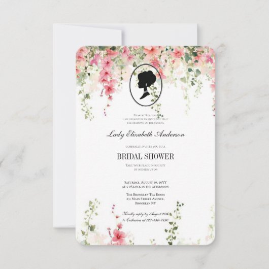 ピンクの花のブリジャートン テーマ, ブライダル ティー リージェンシー 招待状 (正面)