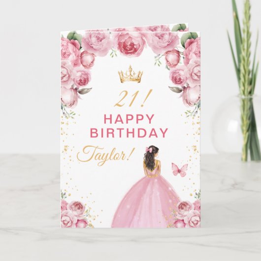 ピンクの花のプリンセスの誕生日カード カード (正面)