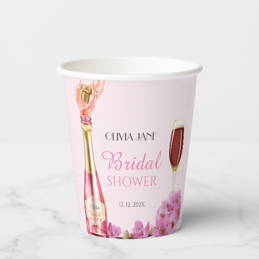 ピンクの花のプリンセスシャワーペタルとプロセッコ 紙コップ (裏面)