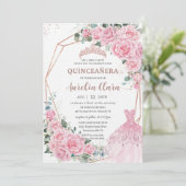 ピンクの花のプリンセスドレス ローズゴールド キンセアニェーラ 招待状 (スタンド正面)