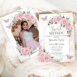 ピンクの花のプリンセスバタフライ写真 スウィート16 招待状