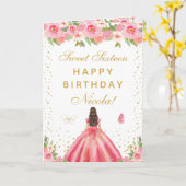 ピンクの花のプリンセス ブラウンの髪の少女 スイート16 カード (黄色い花)