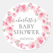 ピンクの花のベイビーシャワープレゼント用ステッカー ラウンドシール (正面)