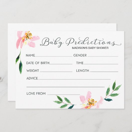 ピンクの花のベビーの予言のベビーシャワーカード 招待状 (正面/裏面)
