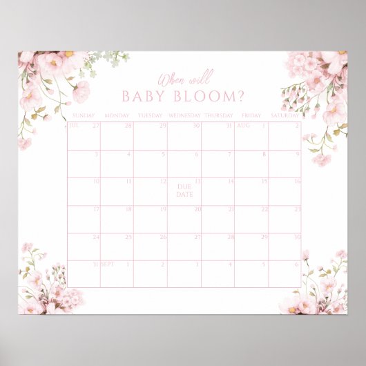 ピンクの花のベビーガール誕生カレンダー ポスター (正面)