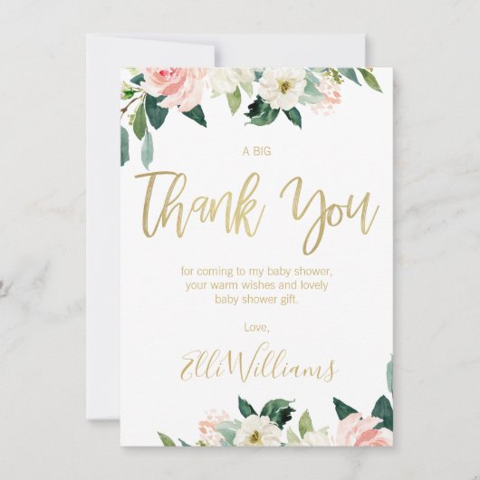 ピンクの花のベビーシャワーのサンキューカード 招待状 (正面)