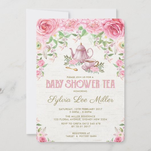 ピンクの花のベビーシャワーの台所お茶会の招待 招待状 (正面)