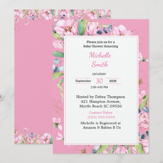 ピンクの花のベビーシャワー招待状 招待状 (正面/裏面)