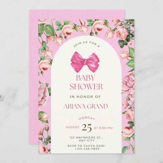 ピンクの花のベビーシャワー招待状 – 編集可能なテンプレート 招待状 (正面/裏面)