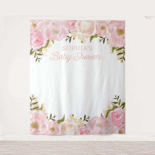 ピンクの花のベビーシャワー背景 フォトプロップ タペストリー (正面)