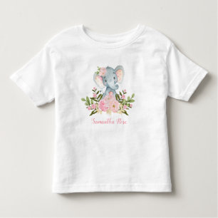 ピンクの花のベビー象の誕生日の幼児のTシャツ トドラーTシャツ