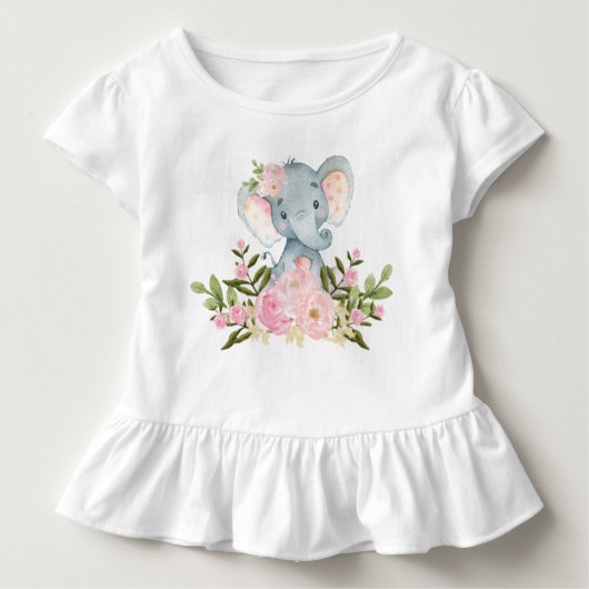 ピンクの花のベビー象の誕生日の幼児のTシャツ トドラーTシャツ (正面)